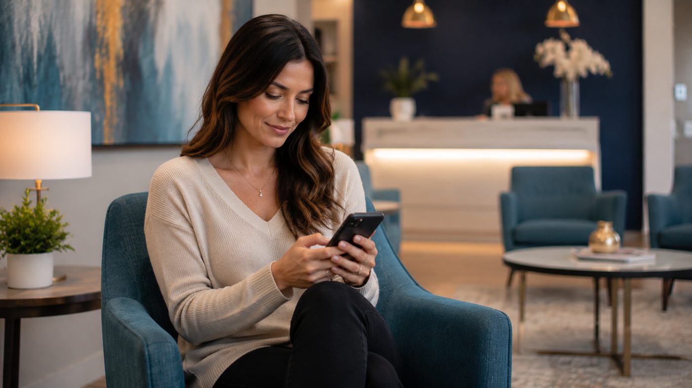 Woman in modern fertility clinic waiting room